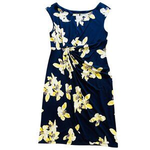 Women's Dress 14, sleeveless, blue yellow floral, stretch, sundress, office